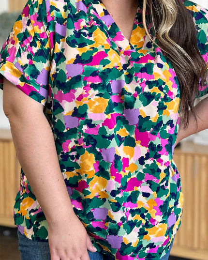 Double Take Full Size Printed V-Neck Short Sleeve Side Slit Top