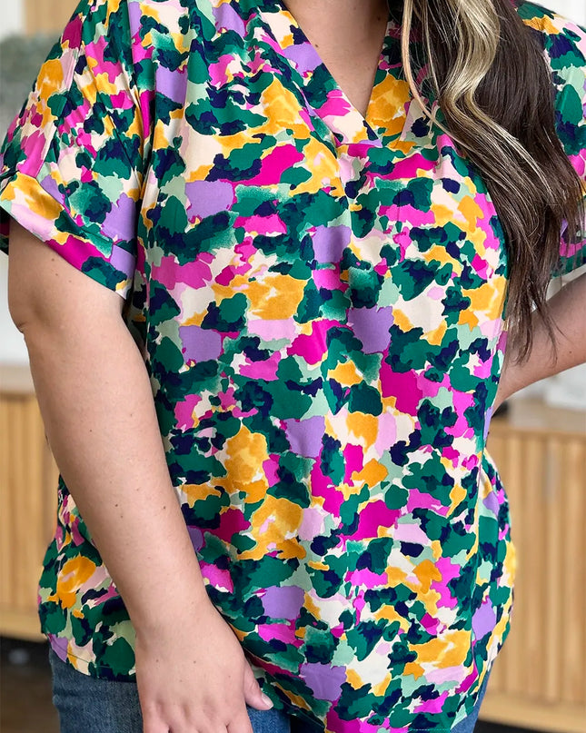 Double Take Full Size Printed V-Neck Short Sleeve Side Slit Top