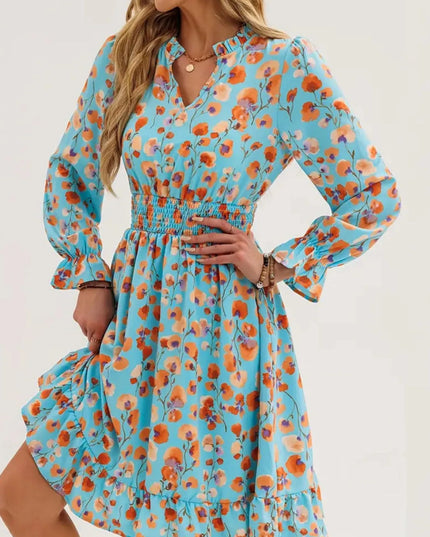 Floral Print Flounce Sleeve Ruffle Hem Dress