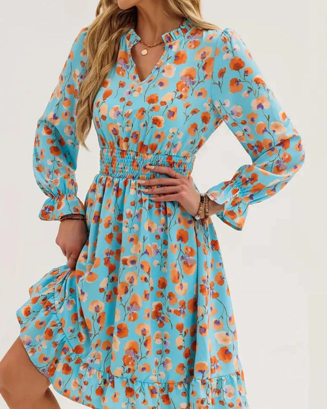 Floral Print Flounce Sleeve Ruffle Hem Dress