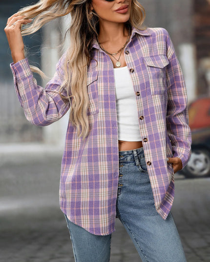 Plaid Button-Down Oversized Shirt Purple