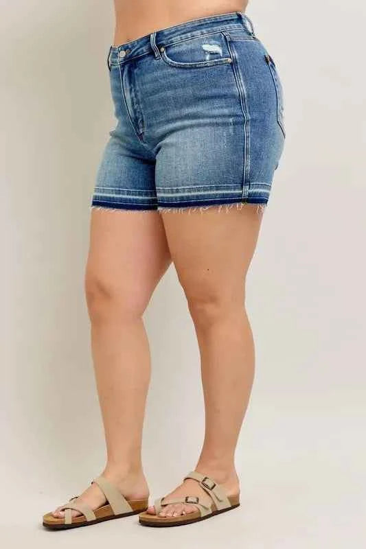 Judy Blue Full Size Mr Tummy Control Vintage Wash Release Hem Shorts Plus Size