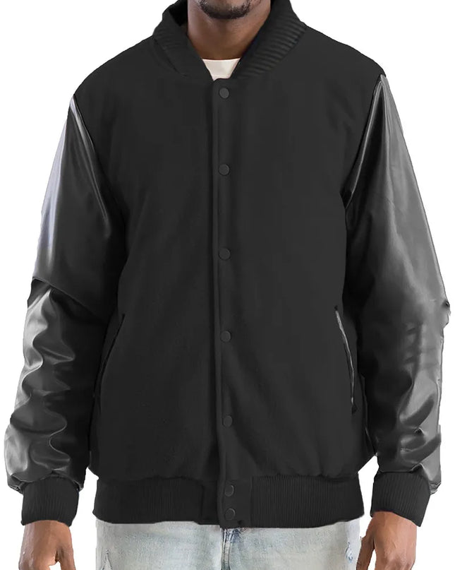 WEIV Men's Full Size Varsity Bomber Jacket with Leather Sleeves Plus Size BLACK BLACK