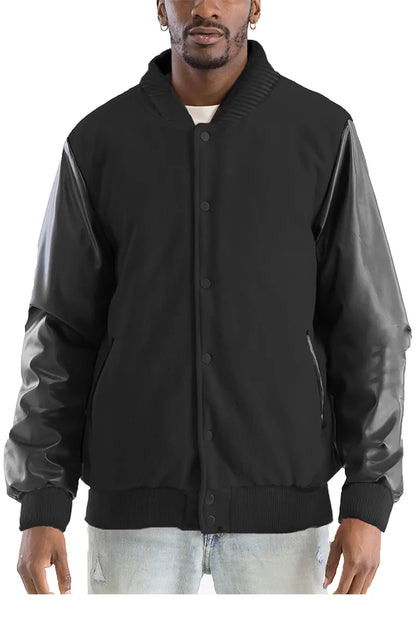 WEIV Men's Full Size Varsity Bomber Jacket with Leather Sleeves Plus Size BLACK BLACK