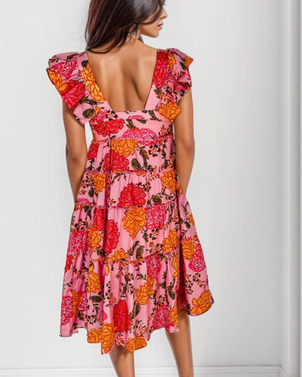 Ruffled Floral Square Neck Tiered Dress