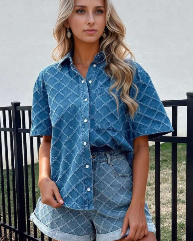 Pocketed Collared Neck Short Sleeve Denim Shirt