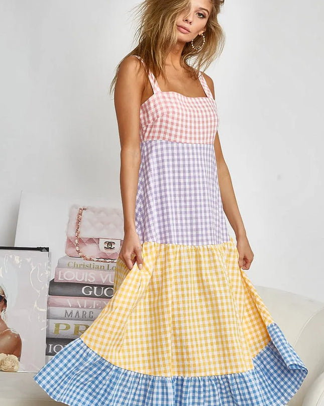 BiBi Color Block Tiered Gingham Dress
