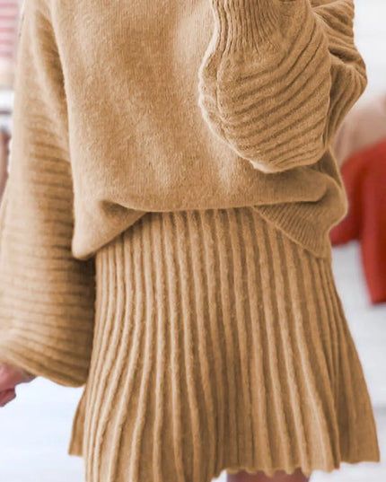 Ribbed Knit Long Sleeve Top and Skirt Sweater Set