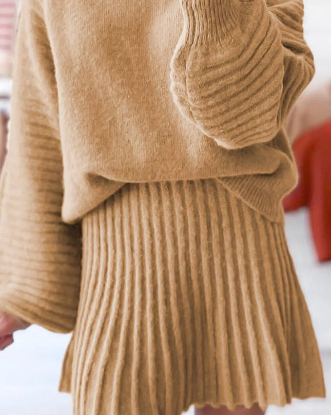 Ribbed Knit Long Sleeve Top and Skirt Sweater Set