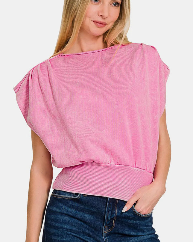Zenana Washed Boat Neck Bottom Banded Dolman Sleeve Top Candy Pink