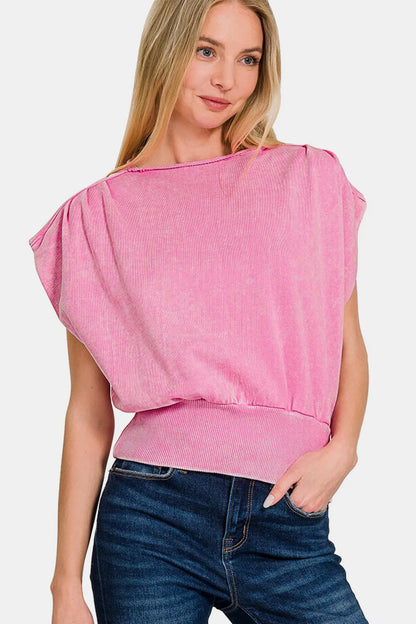 Zenana Washed Boat Neck Bottom Banded Dolman Sleeve Top Candy Pink