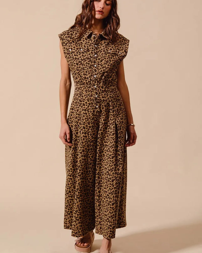 SO ME Wide Leg Leopard Twill Overalls Jumpsuit with Tuck