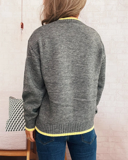 Ribbed Contrast Trim Long Sleeve Sweater 蓝边 One Size