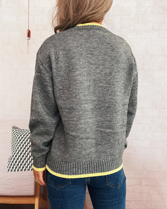 Ribbed Contrast Trim Long Sleeve Sweater 蓝边 One Size