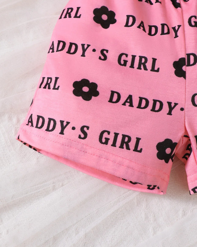 Children's Headband Letter Ruffle Sleeve Top and Shorts 3-Piece Set