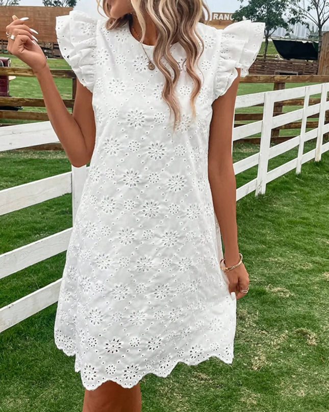 Eyelet Round Neck Ruffled Cap Sleeve Dress