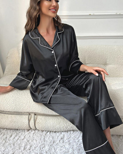 Contrast Piping Button-Up Top and Pants Pajama Set