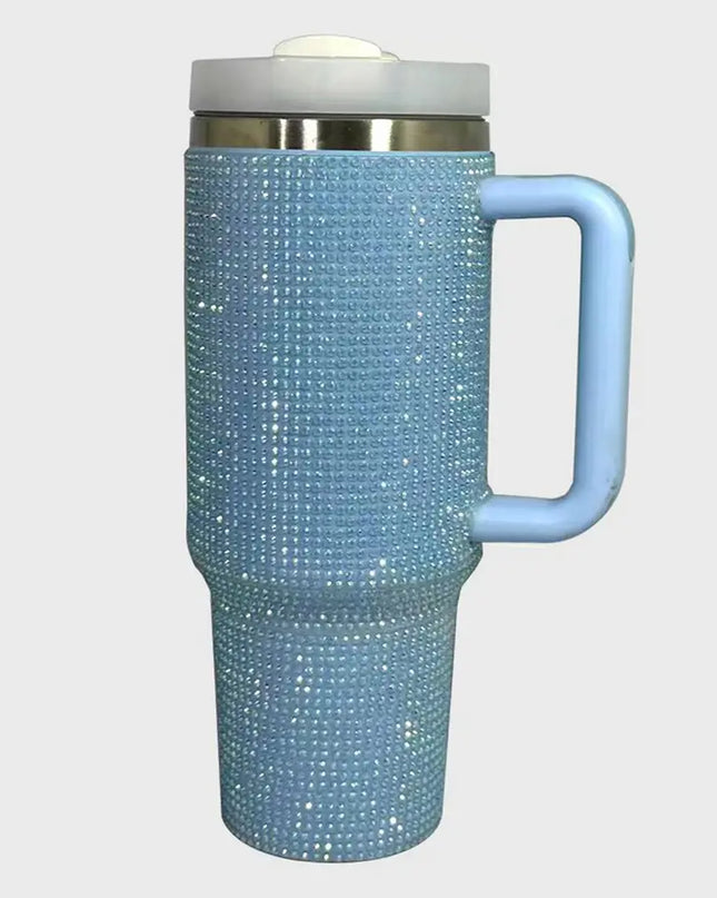 Rhinestone Stainless Steel Tumbler with Straw Light Blue One Size