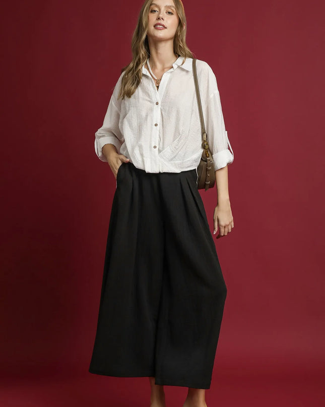 Umgee Elastic Waist Wide Leg Pants Black