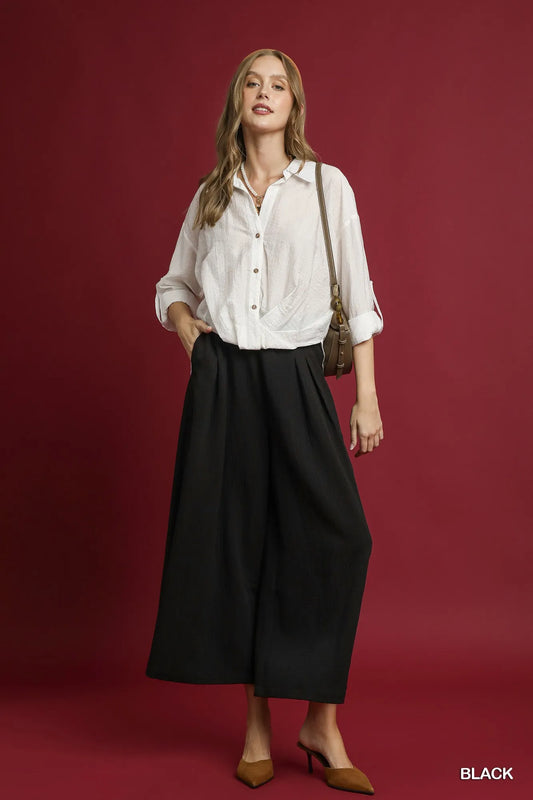 Umgee Elastic Waist Wide Leg Pants Black