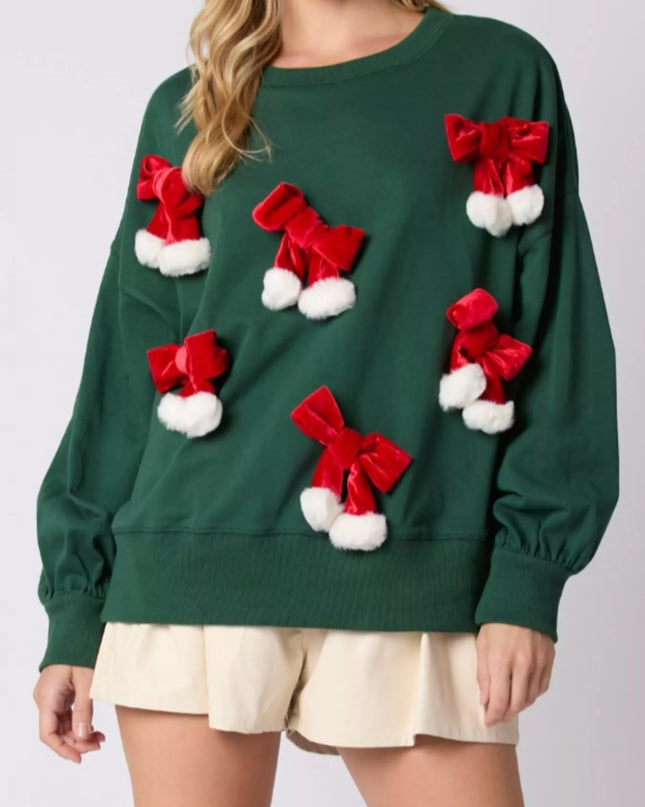 Christmas Long Sleeve Sweatshirt with Pom-Pom Bow Decoration