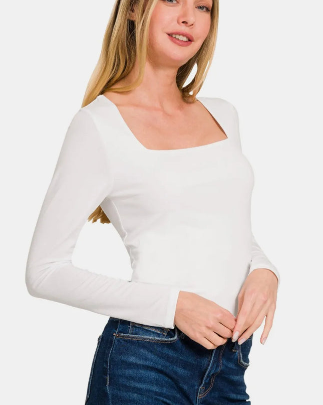 Zenana Square Neck Fitted Long Sleeve T-Shirt White