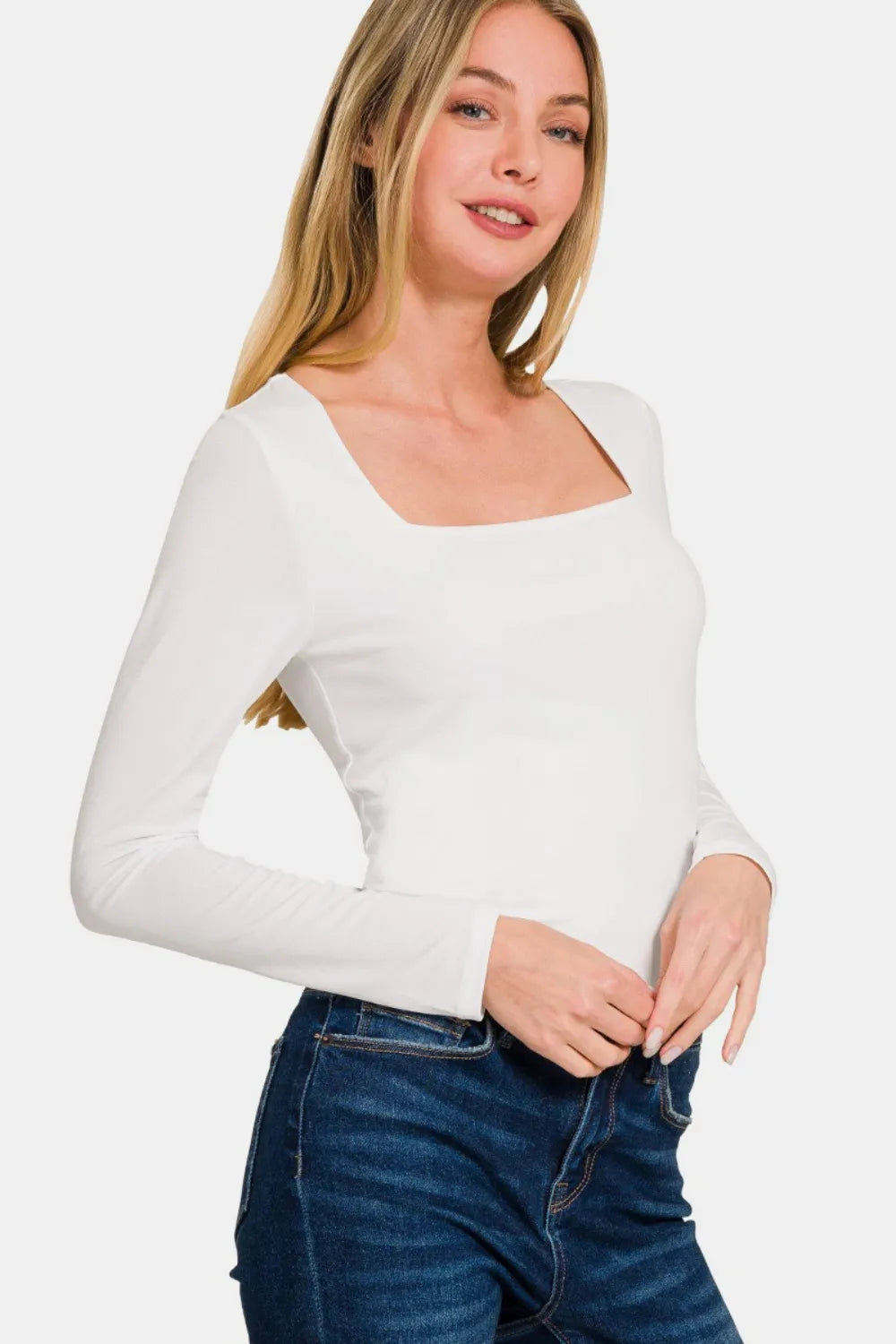 Zenana Square Neck Fitted Long Sleeve T-Shirt White