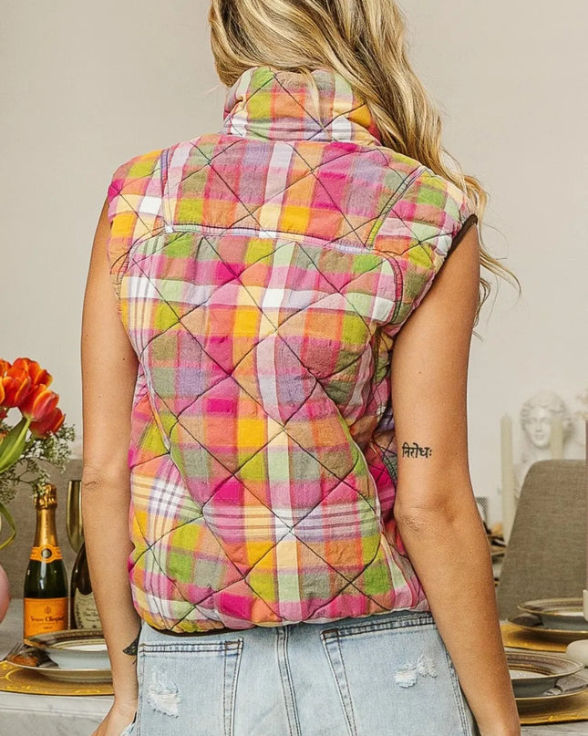 BiBi Quilted Washed Plaid Snap Down Vest