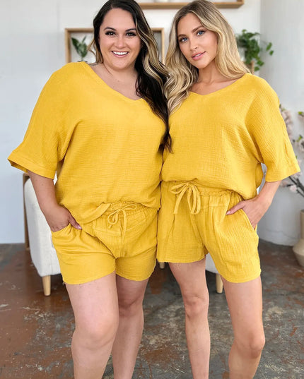 Double Take Texture Half Sleeve T-Shirt and Drawstring Shorts Set