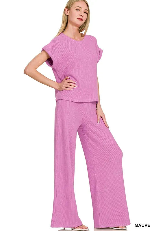 Zenana Rolled Sleeve Top and Pants Sweater Set MAUVE
