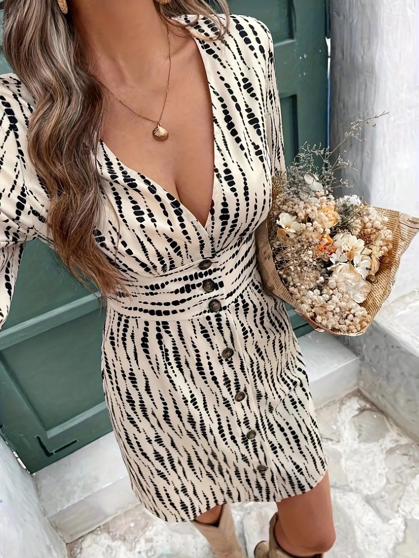 Button Front Flounce Sleeve Dress