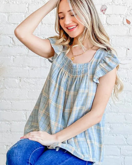 And The Why Plaid Print Smocked Detail Ruffle Baby Doll Top