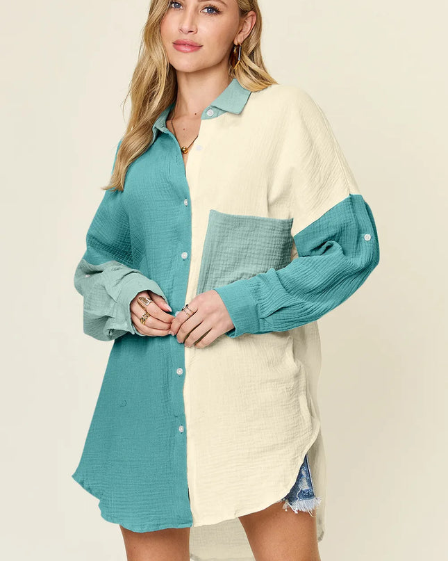 Double Take Full Size Pocketed Texture Button Up Shirt