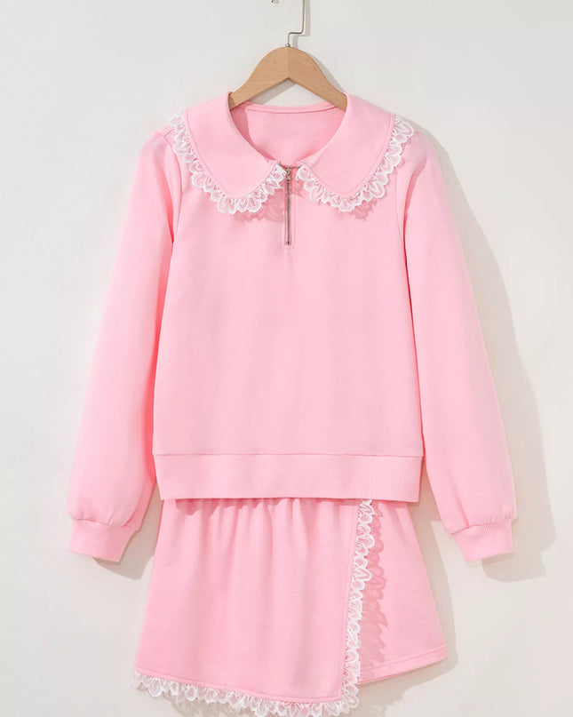 Peter Pan Lace Embellished Neck Sweatshirt and Skirt Two Piece Set