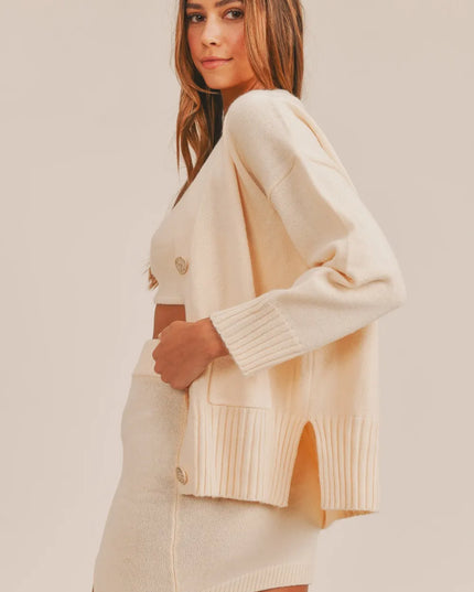 MABLE 3 Pieces Sweater Set with Crop Cami, Mini Skirt, Cardigan