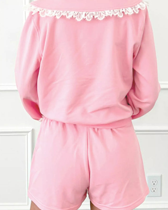 Peter Pan Lace Embellished Neck Sweatshirt and Skirt Two Piece Set