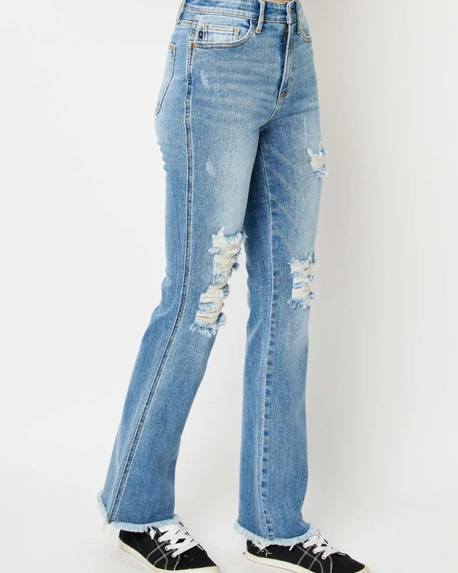 Judy Blue Full Size Distressed Raw Hem Bootcut Jeans