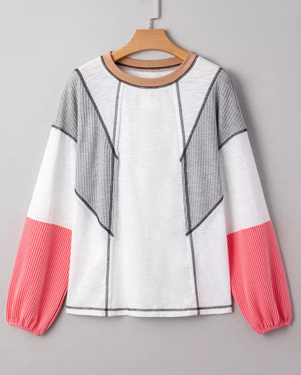 Color Block Textured Knit Patchwork Casual Top