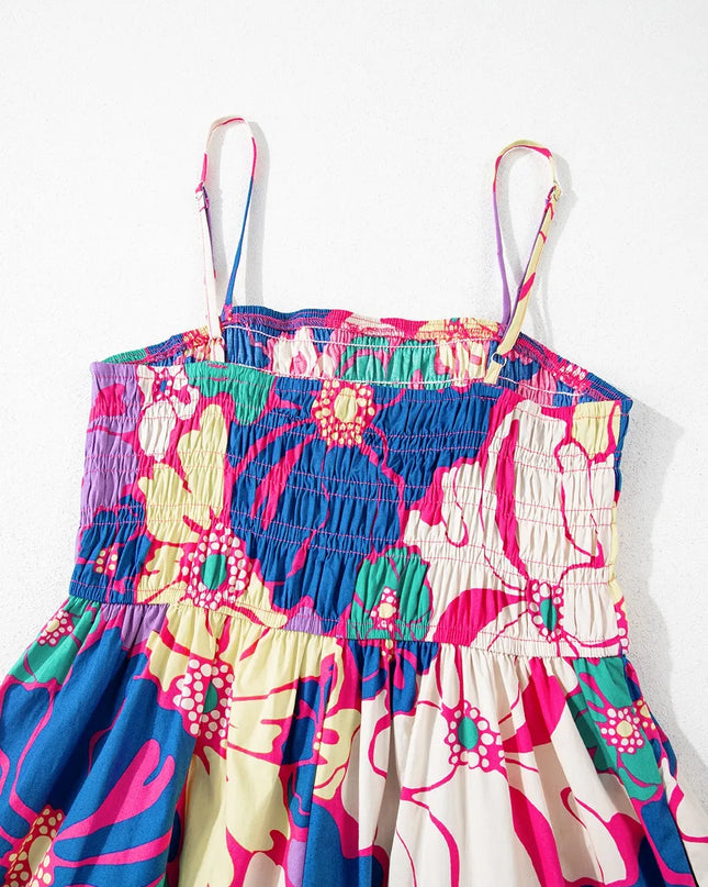 Floral Print Shirred Spaghetti Strap Loose Maxi Dress