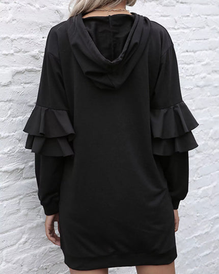 Ruffled Drawstring Long Sleeve Hooded Dress