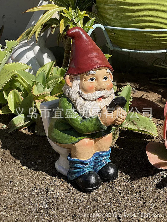 Garden Elf Gnome Using Toilet Playing With Phone Garden Courtyard Ornament Resin Craft Gnome Decoration Green Dwarves Go To The Toilet To Play With Mobile Phones