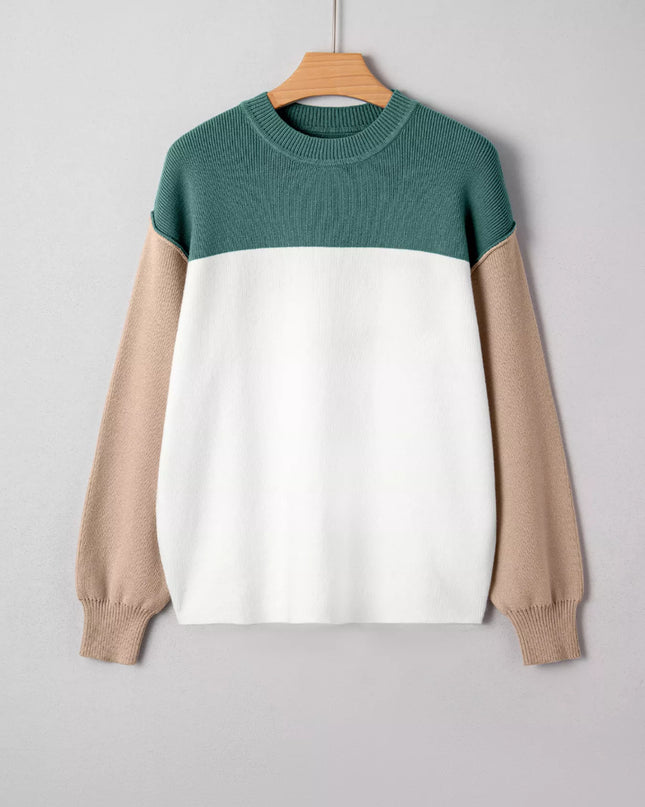 Color Block Plain Ribbed Knit Sweatshirt