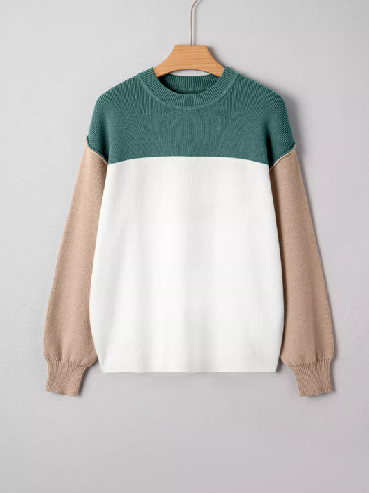 Color Block Plain Ribbed Knit Sweatshirt
