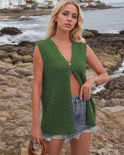 Button Down Eyelet V-Neck Sweater Vest