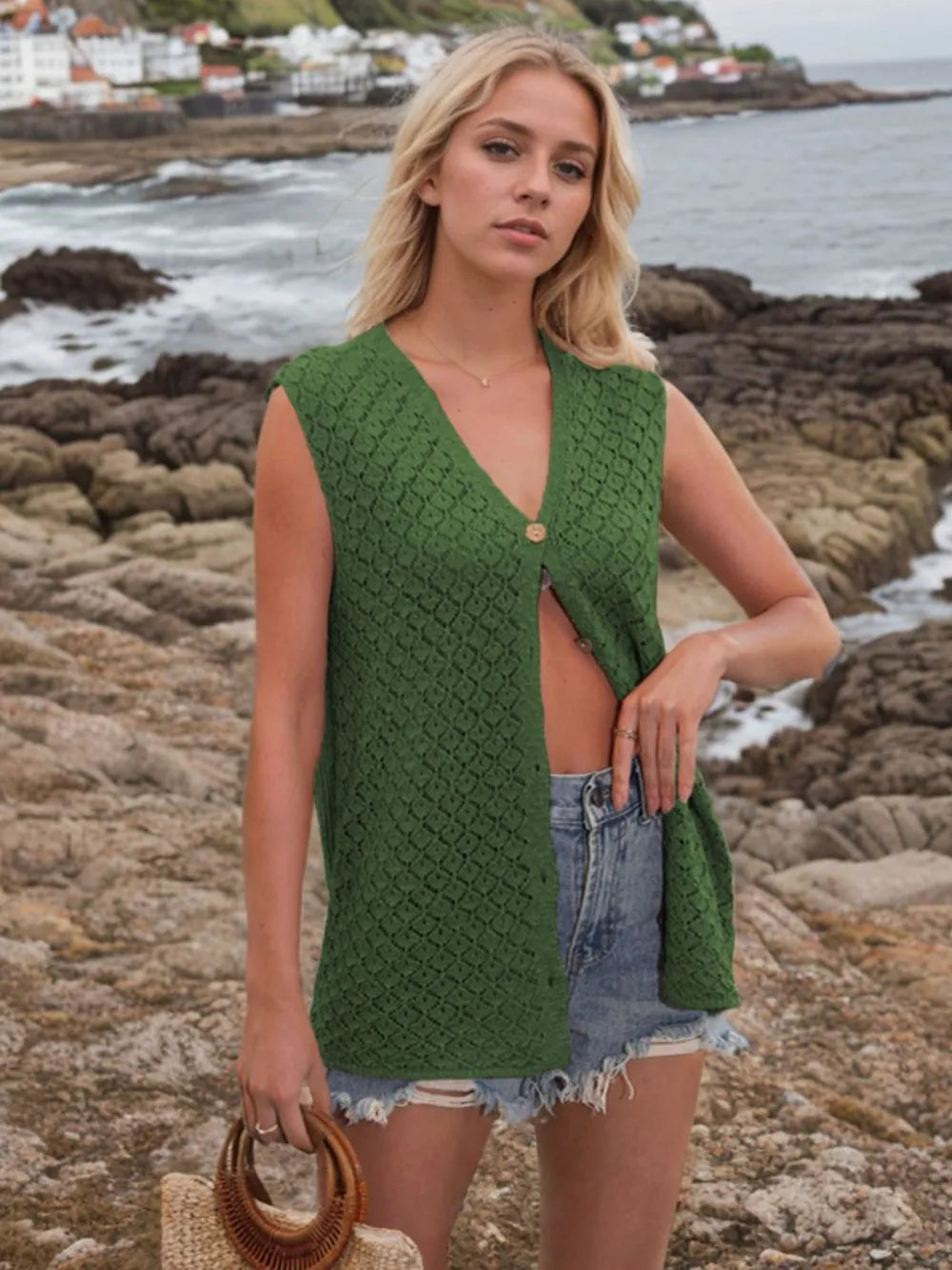 Button Down Eyelet V-Neck Sweater Vest