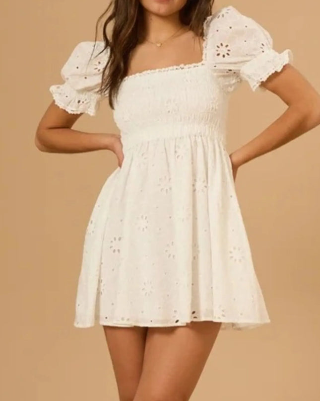 Eyelet Puff Sleeve Smocked Mini Dress