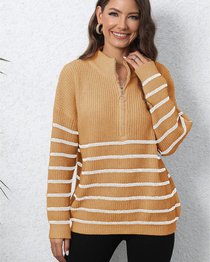 Mock Neck Long Sleeve Zip-Up Sweater Tangerine One Size
