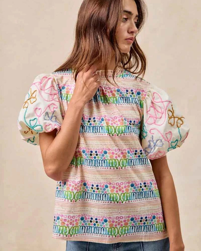 BiBi Ruffle Neckline Blouse With Embroidery Bubble Sleeve