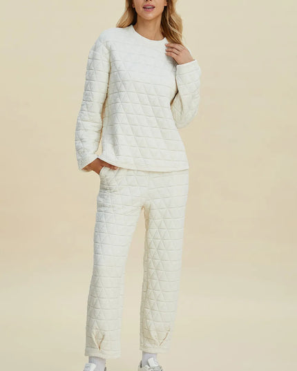 Double Take Full Size Texture Round Neck Long Sleeve Top and Pants Set