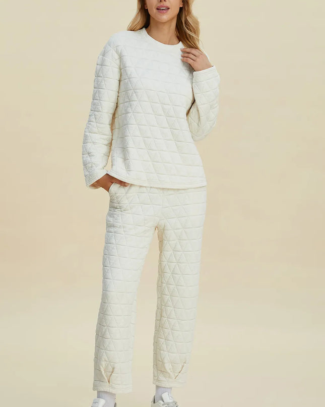 Double Take Full Size Texture Round Neck Long Sleeve Top and Pants Set